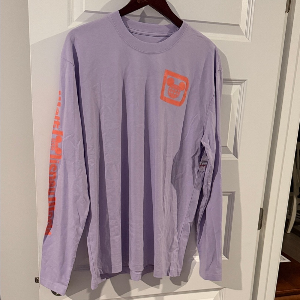NWT Walt Disney World Official Park Lavender Long Sleeve Shirt with Orange Logo